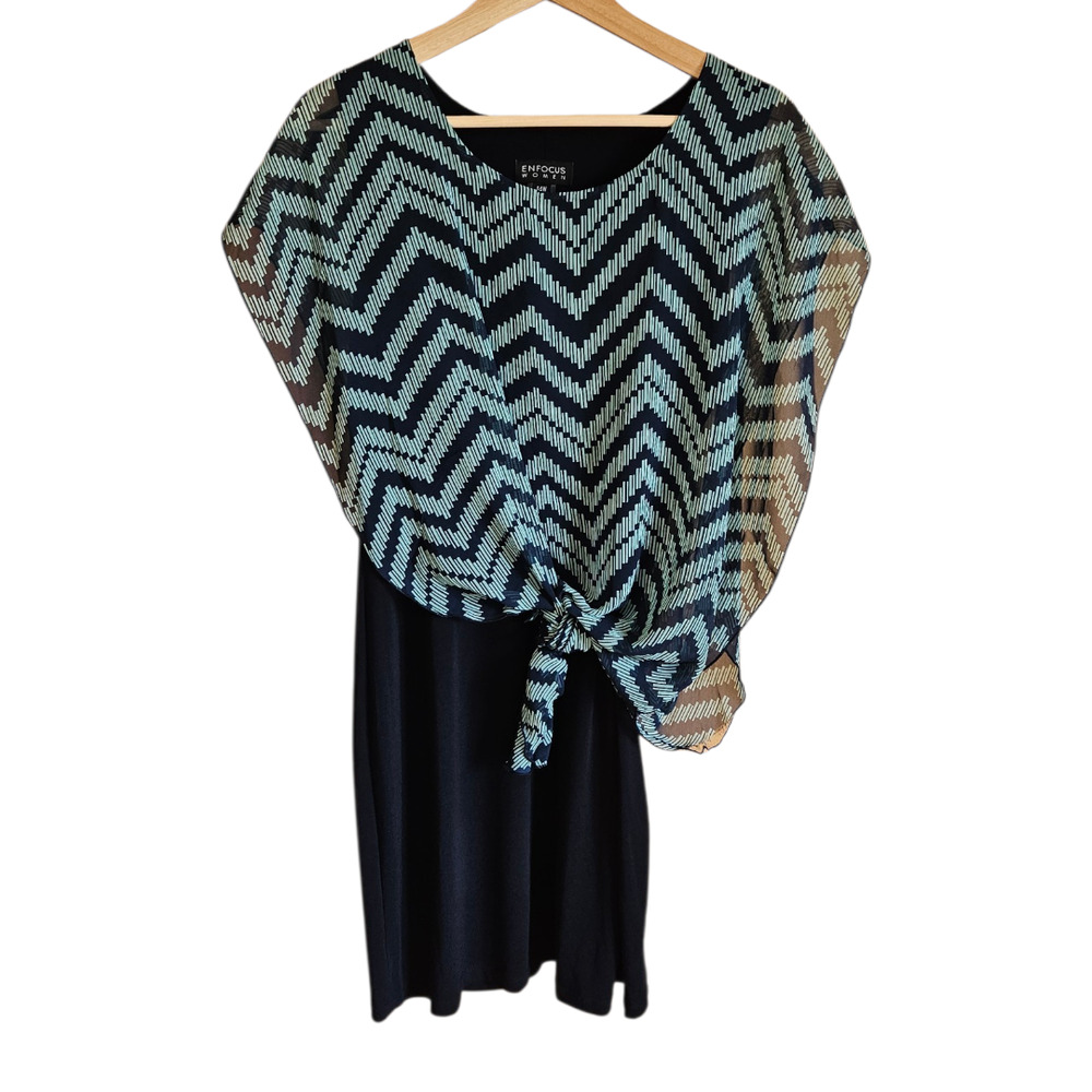 Enfocus Women Plus Size 14W Navy Blue Chevron Tie Front Chiffon Overlay Dress